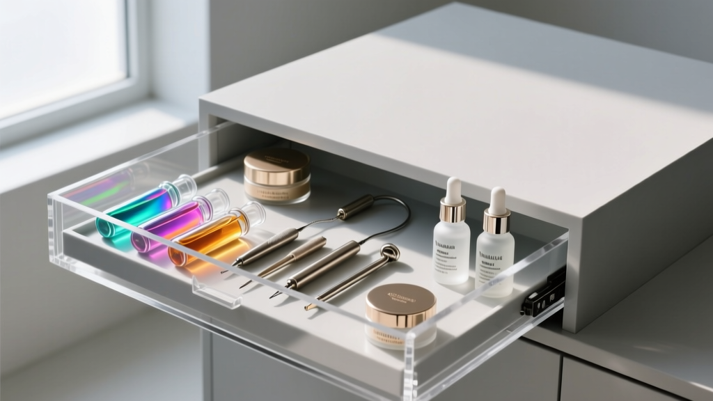 Acrylic drawer displaying various conductive gels, replacement microcurrent attachments, and premium hyaluronic acid serums.