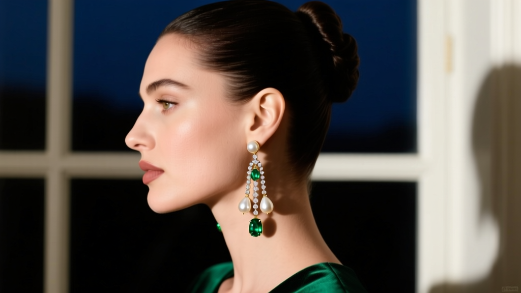 Side profile of woman with sleek updo wearing long 14k white gold diamond peridot drop earrings against a dark evening backdrop