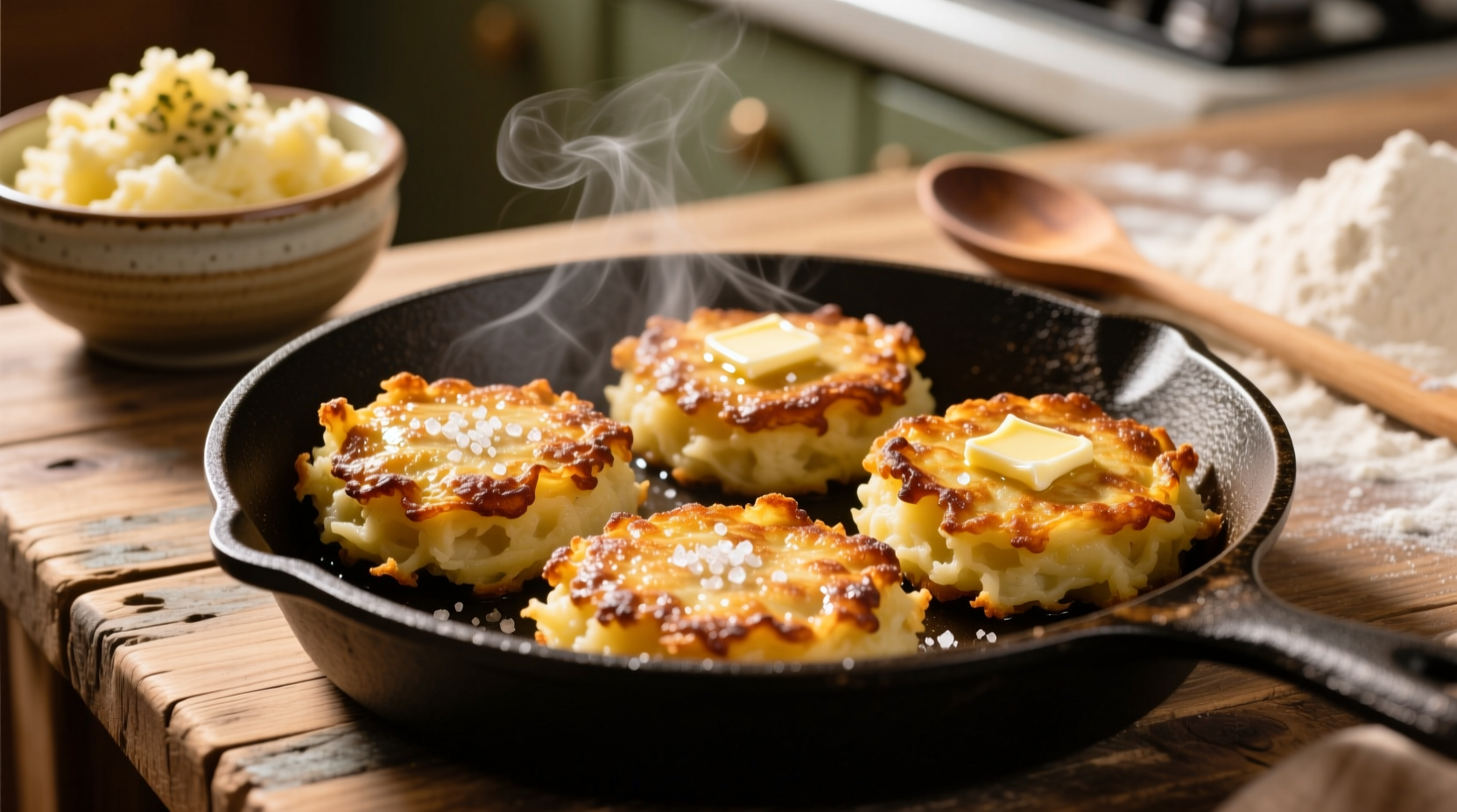 Golden brown fried mashed potato patties with crispy edges