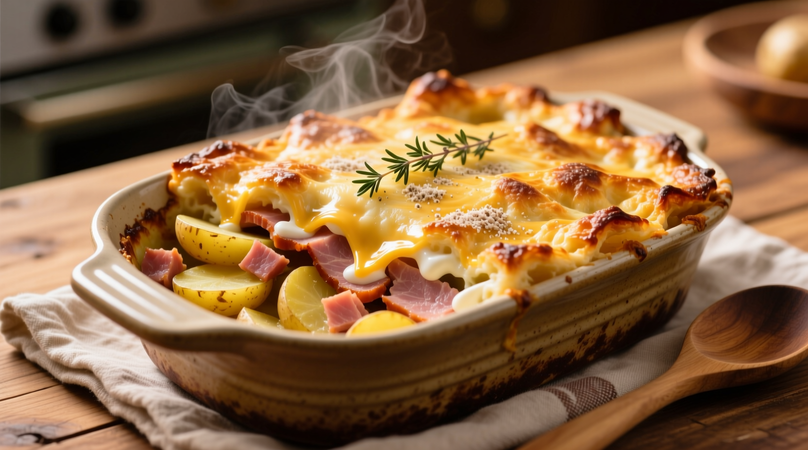 Baked ham potato cheese casserole with golden crust