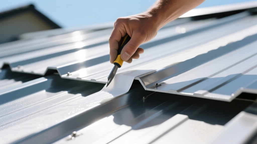 Close-up of a contractor applying white butyl tape sealant along a standing seam metal roof joint on a bright sunny day