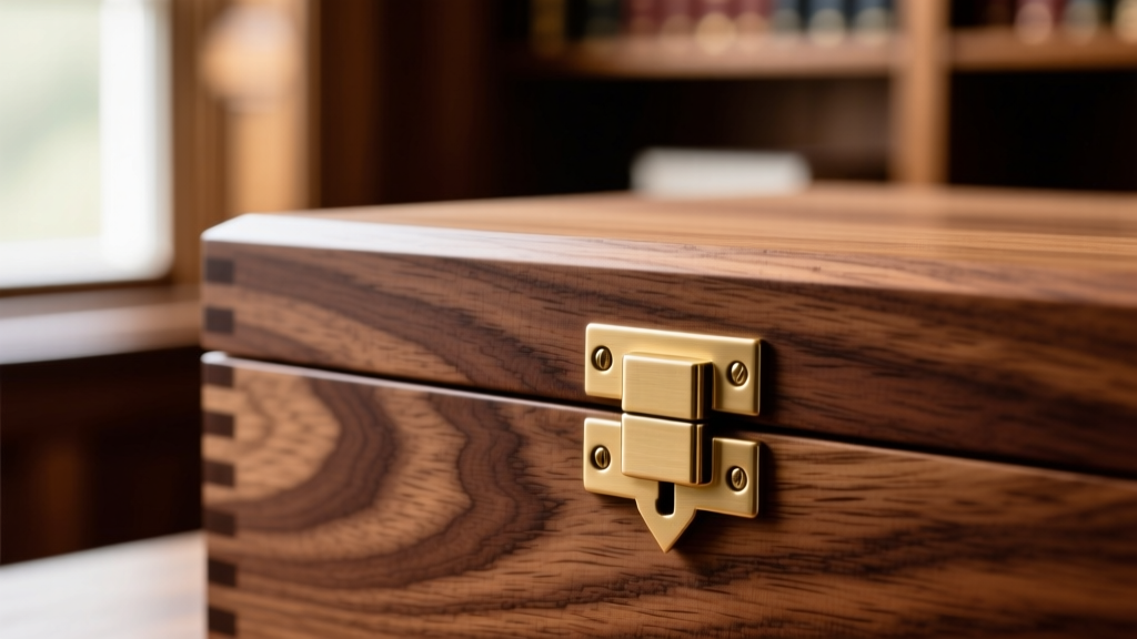 Macro shot of dovetail joinery on a solid oak standing jewelry box corner, highlighting tight wood grain and a solid brass hinge