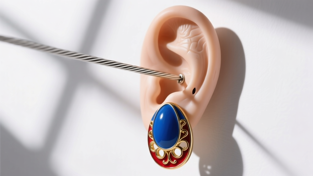 Side view of 20-gauge steel wire piercing a silicone earlobe model, showing clearance for heavy enameled egg drop earring designs.