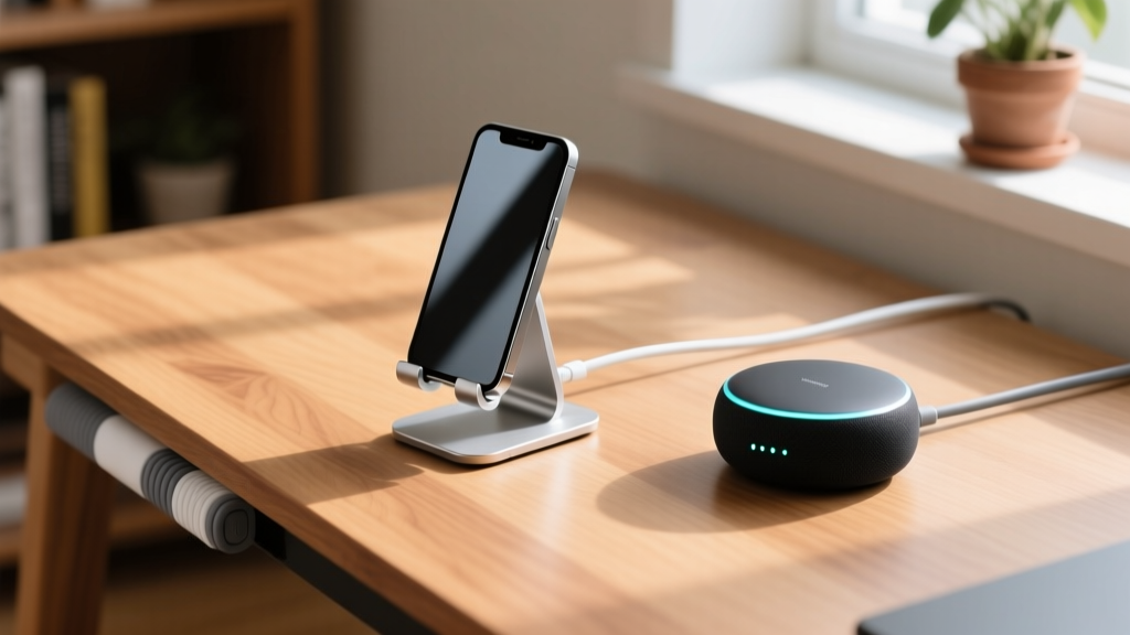 Top-down view of a wooden desk showing an aluminum stand holding a smartphone and a cylindrical smart home hub with clean cable routing