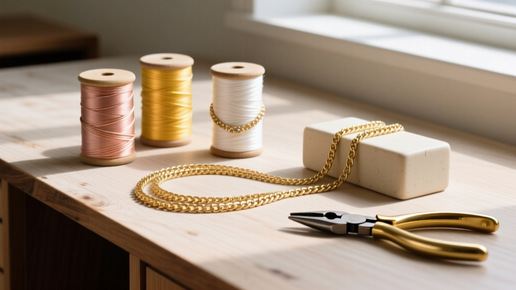 Spools of jewelry chain in rose, yellow, and white gold, resting beside brass pliers and a ceramic welding block on a wood desk