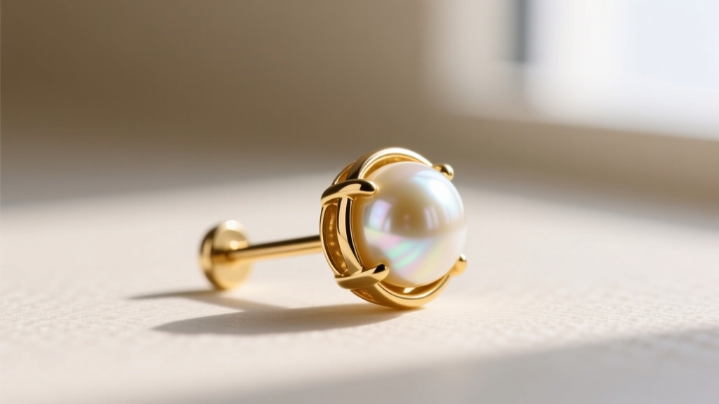Close-up of 20g 14k gold post with flat-back coin pearl, showing secure metal cup setting against a soft neutral backdrop
