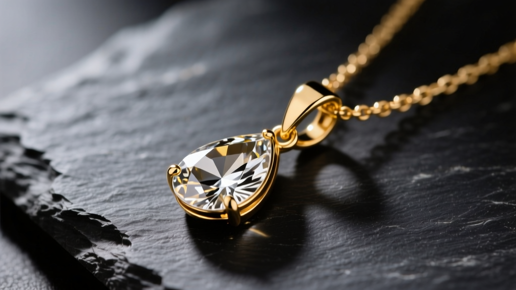 Close-up of a 14k gold teardrop pendant necklace on dark slate, highlighting the tapered gemstone tip and polished bail.