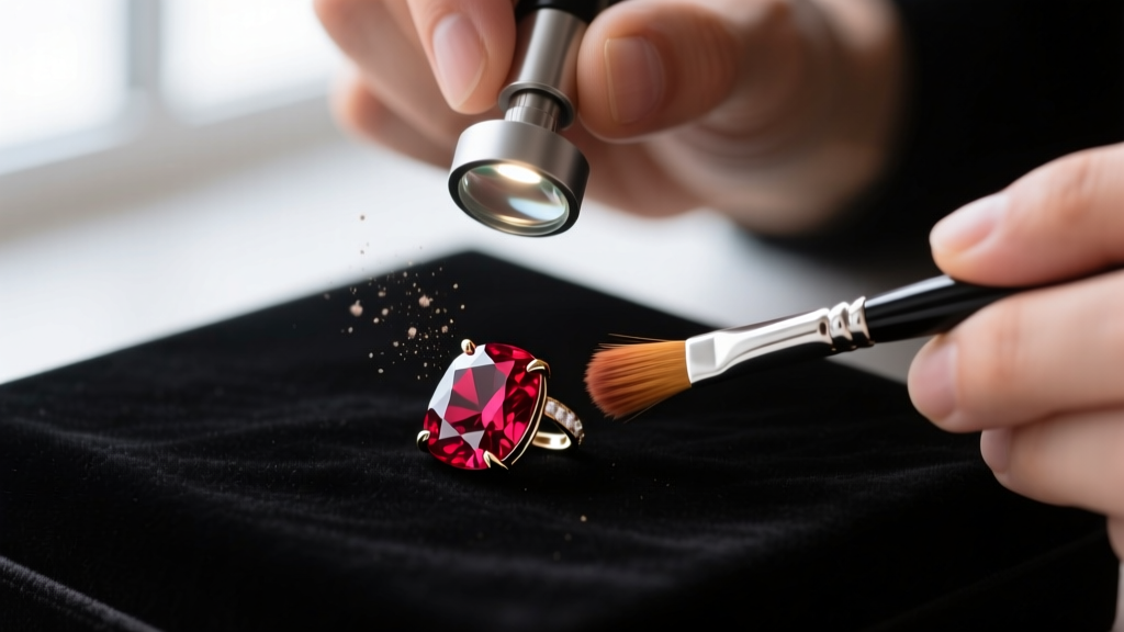 Jeweler using a loupe and soft brush to gently clean the pavilion facets of a red spinel earring under bright LED light