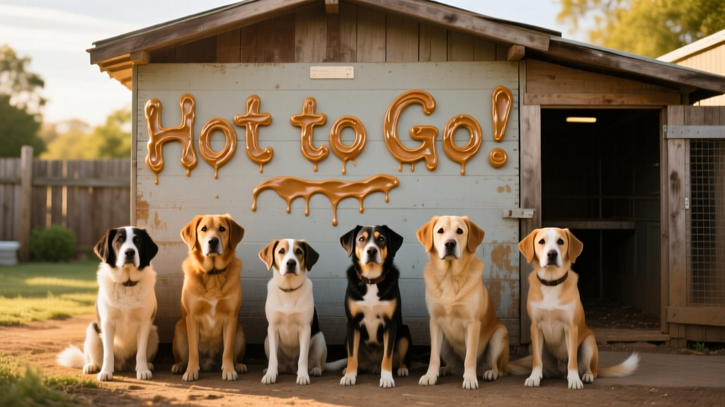 A group of shelter dogs sitting calmly in front of kennels decorated with peanut butter lettering spelling 'Hot to Go!'