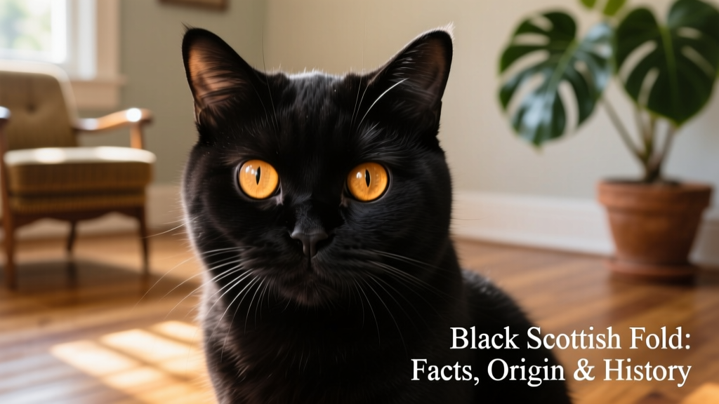 A close-up portrait of a black Scottish Fold cat showing its folded ears and expressive eyes