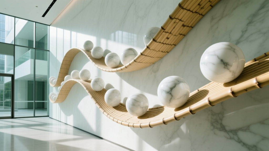 Large-scale kinetic wall art featuring natural white marble spheres rolling down curved engineered bamboo veneer tracks in a modern corporate lobby