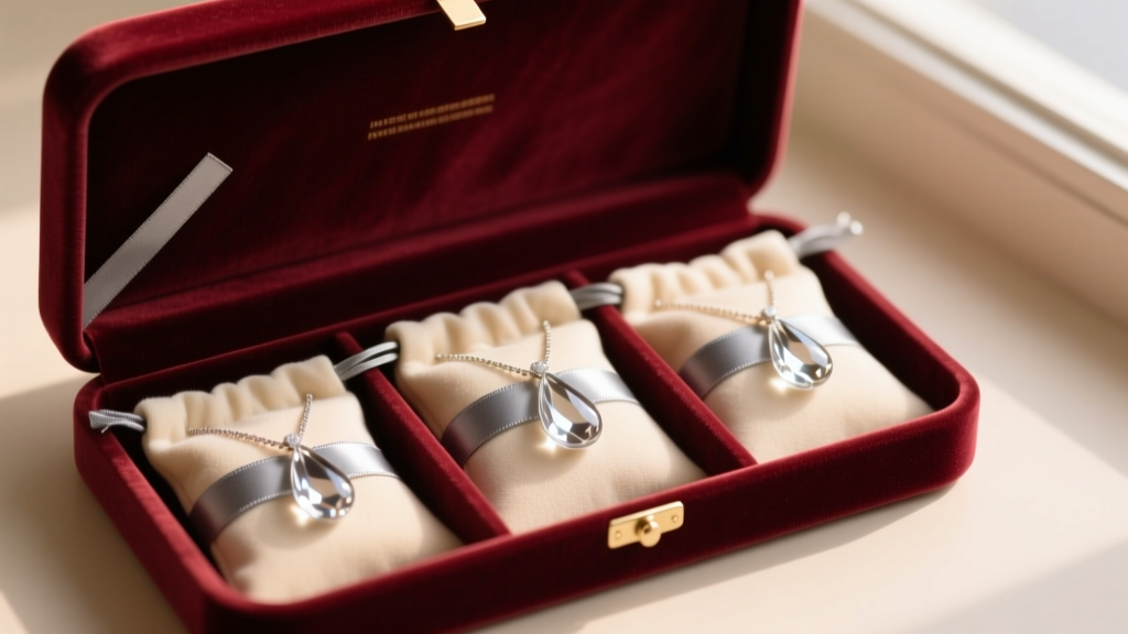 Open velvet jewelry box showing soft cloth pouches containing glass teardrop necklaces, with anti-tarnish strips clearly visible