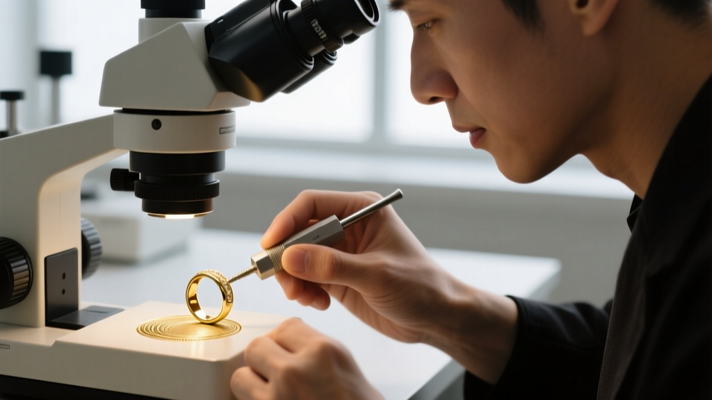 Jeweler using a hardness tester on an 18k gold band, with a digital microscope displaying the metal indentation under soft light.