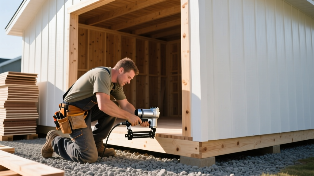 Carpenter framing a 10x12 wooden shed on a gravel pad, holding a pneumatic nail gun, with stacked LP SmartSide panels in the background