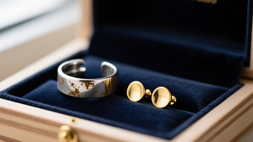 Macro shot of tarnished silver ear cuffs next to pristine 14k gold studs resting inside a dark velvet-lined MDF jewelry box