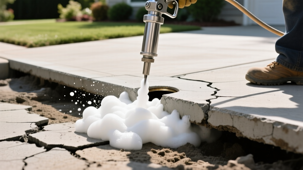 Technician injecting high-density polyurethane foam through a 5/8-inch hole in a sunken concrete driveway slab to lift and level the surface