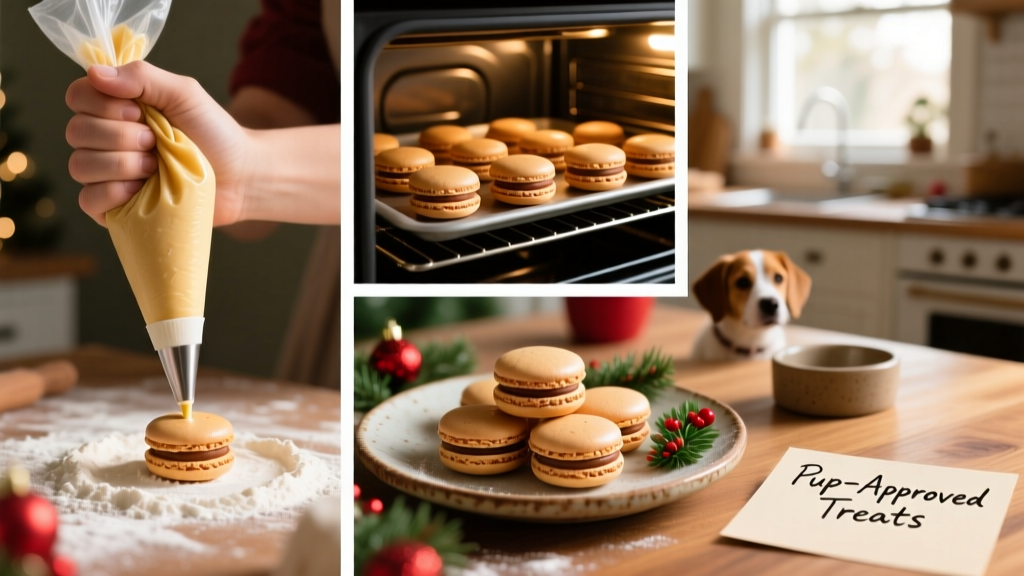 Step-by-step collage showing batter piping, baking, and final assembled macarons on a festive plate