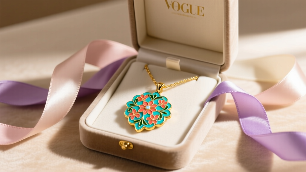 Open jewelry box revealing a colorful Brighton enamel Paradiso pendant necklace surrounded by silk ribbon, elegant gift scene
