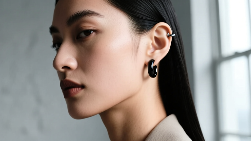 Profile of a model wearing a 14-gauge black titanium seamless hoop in a daith piercing, highlighting the snug fit and dark tone.