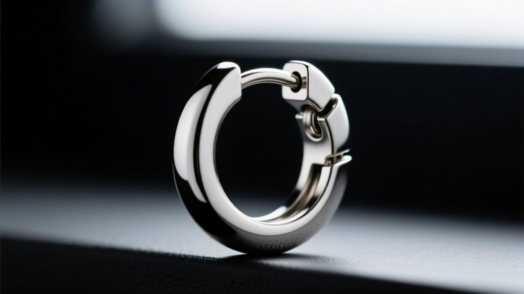 Macro view of a hinged huggie earring clicker showing the interlocking metal post and groove against a softly blurred dark backdrop