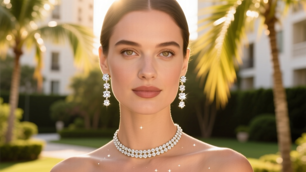 Woman wearing 14k white gold diamond chandelier earrings and a delicate pavé choker, smiling softly in warm golden hour sunlight.