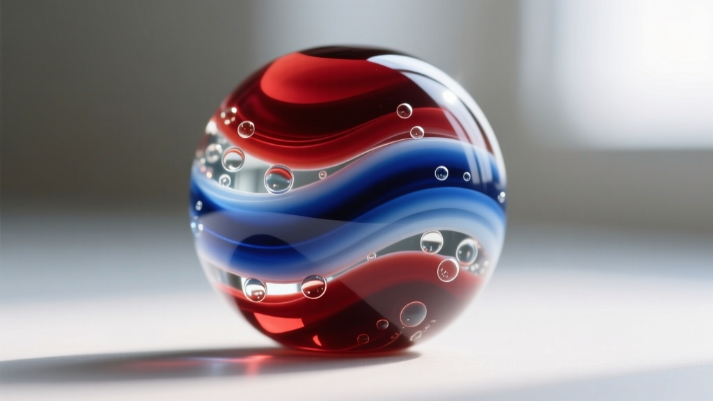 Macro shot of a sommerso Murano glass bead revealing submerged layers of ruby and cobalt blue glass in soft natural window light