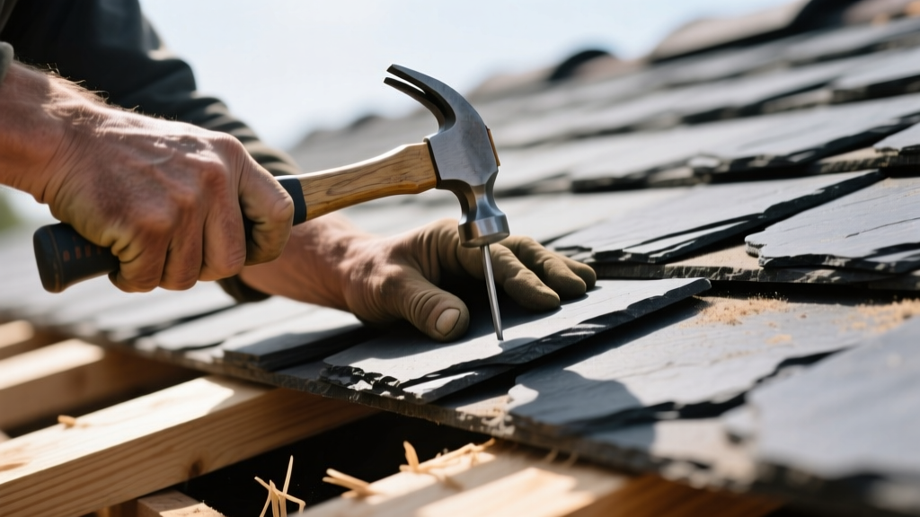 Close-up of a roofer hands using a slate hammer to punch and nail a dark grey natural slate shingle onto a wooden roof deck