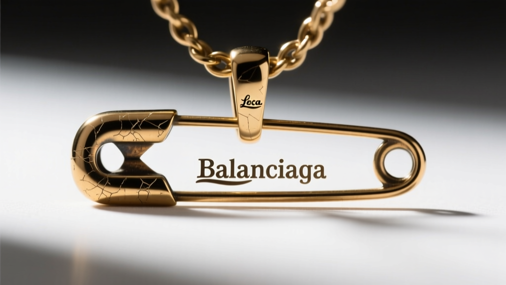 Macro shot of an oxidized brass Balenciaga safety pin pendant highlighting the scratched PVD coating and laser-engraved brand logo