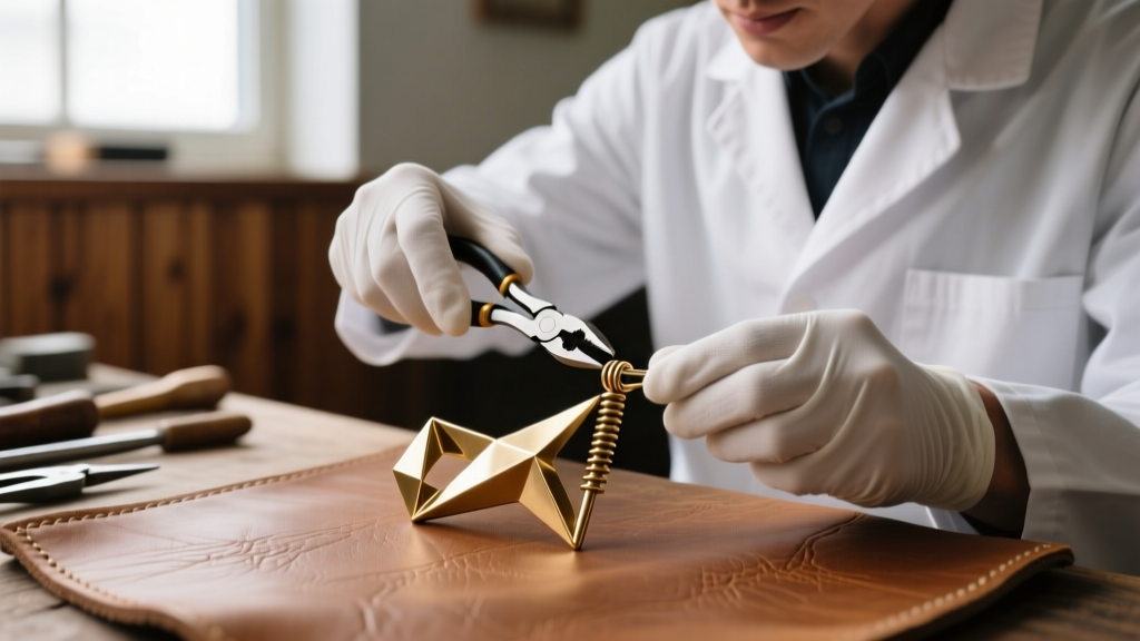 Jeweler using nylon-jaw pliers to adjust the tension spring of a brass avant-garde roach clip ear cuff on a leather workbench