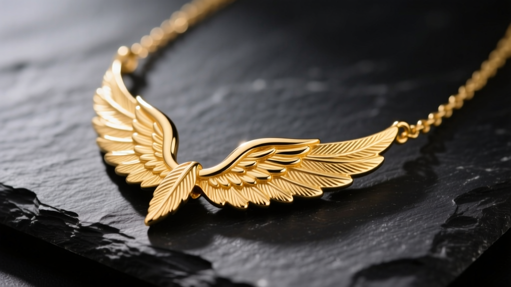 Macro shot of a 14k yellow gold angel wing necklace on dark slate, showing intricate feather engravings and soft lighting.