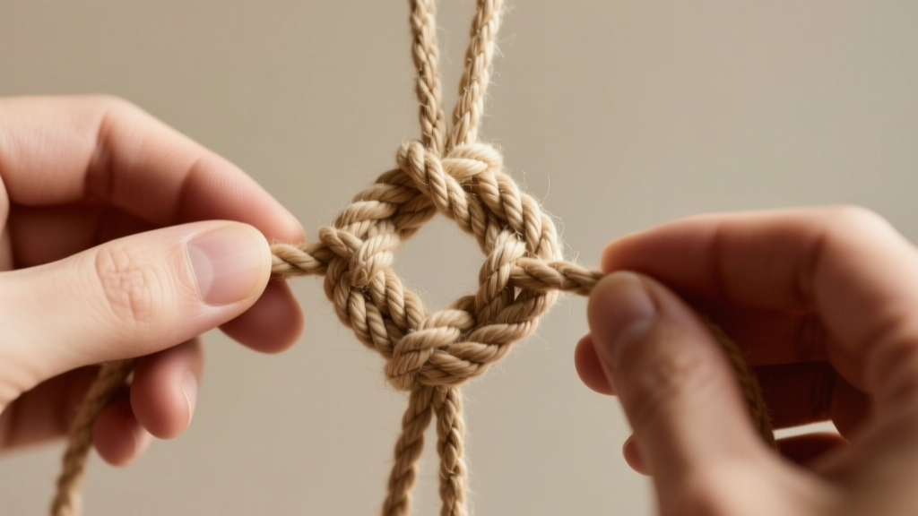 Close-up of hands tying a macrame square knot using four strands of beige hemp cord, highlighting the interlocking loop structure