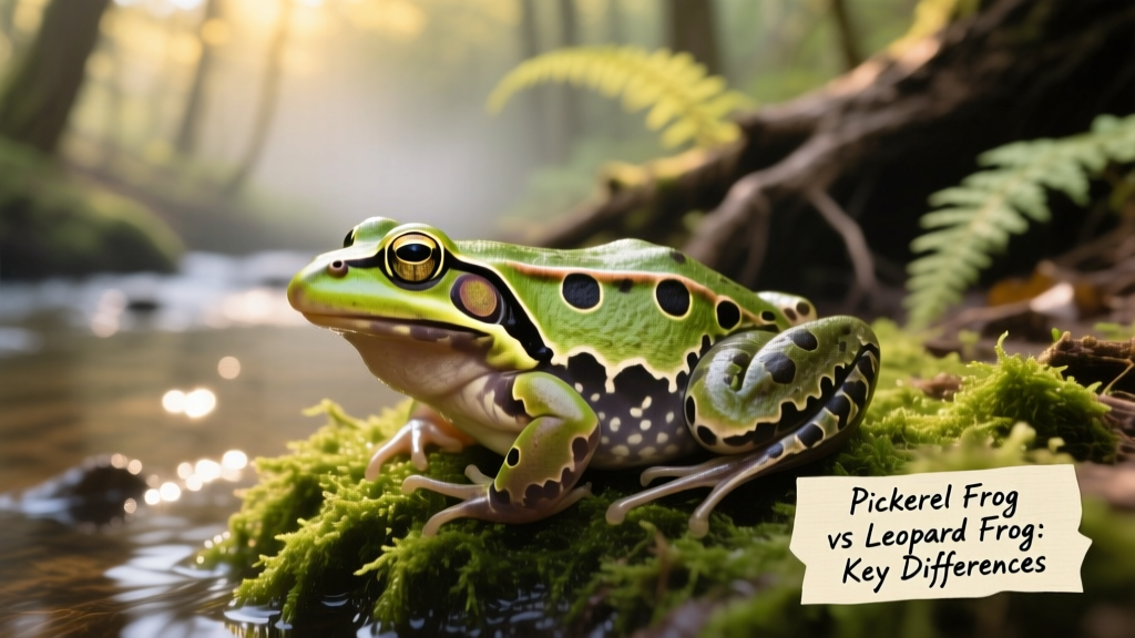 Pickerel frog resting on damp moss beside a shallow woodland stream, highlighting its square dorsal blotches and smooth skin texture