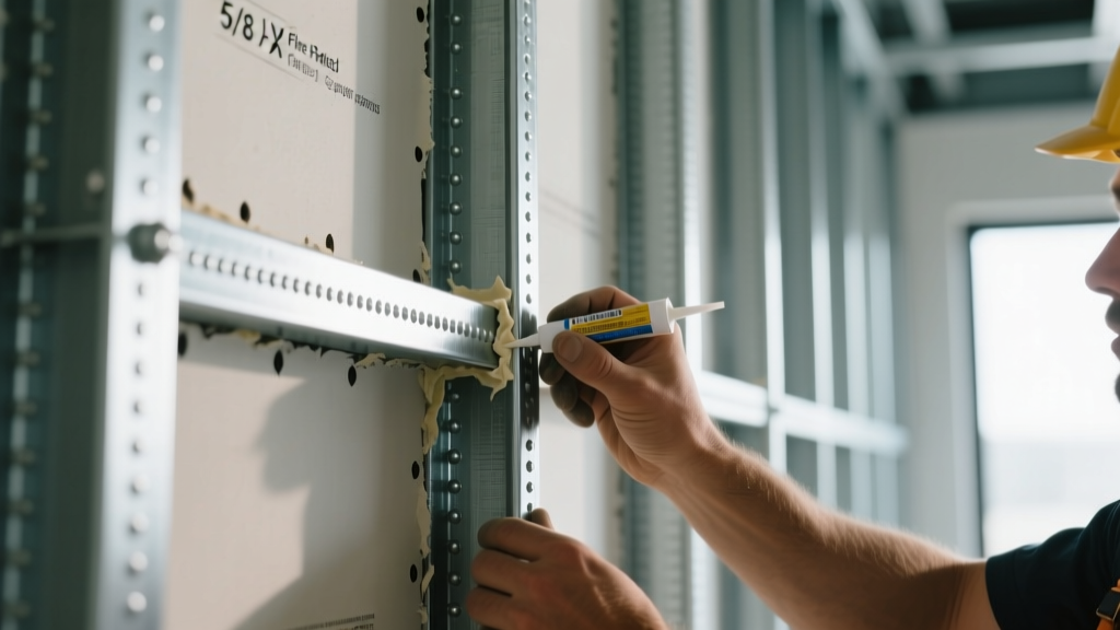 Close-up of a contractor installing 5/8-inch Type X fire-rated gypsum board on a commercial steel stud wall with specialized firestop sealant