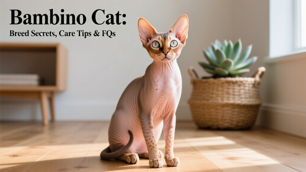 A Bambino cat sitting upright, showing its short legs, large ears, and smooth, warm-toned skin