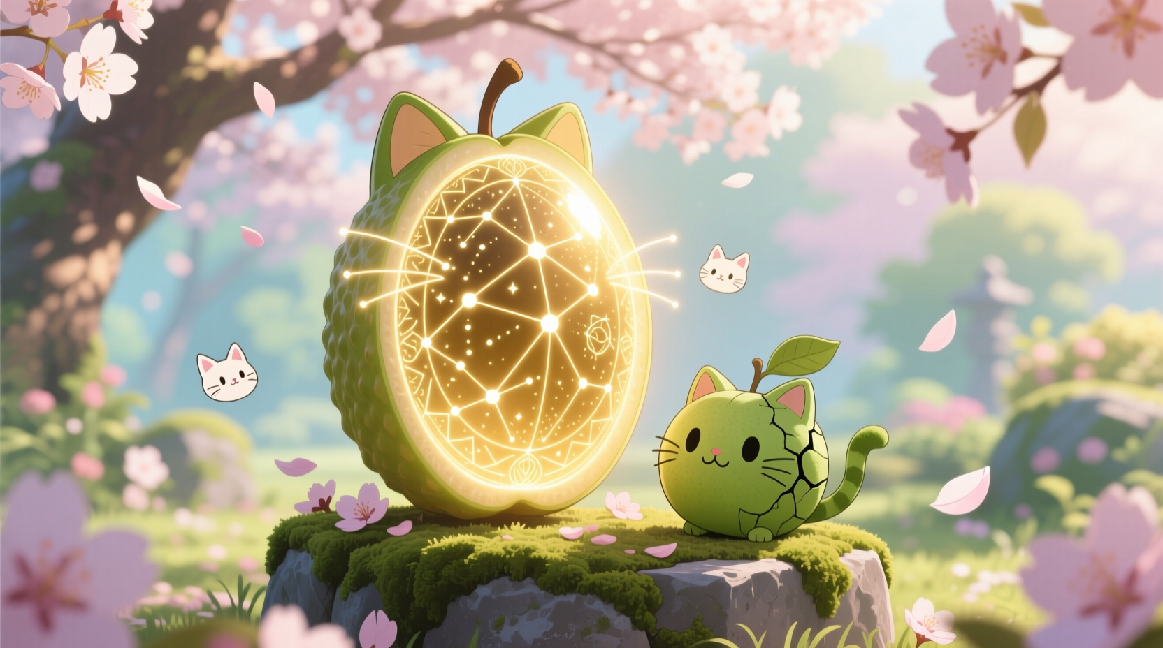 Epic catfruit seed next to regular catfruit in Neko Atsume garden