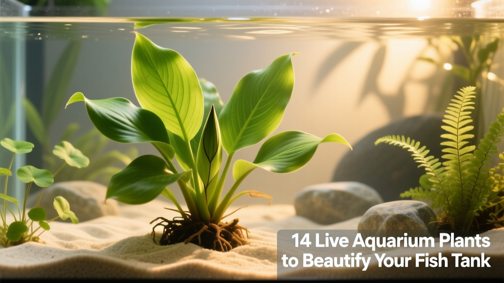 Amazon Sword plant with broad green leaves emerging from a sandy substrate in a well-lit aquarium