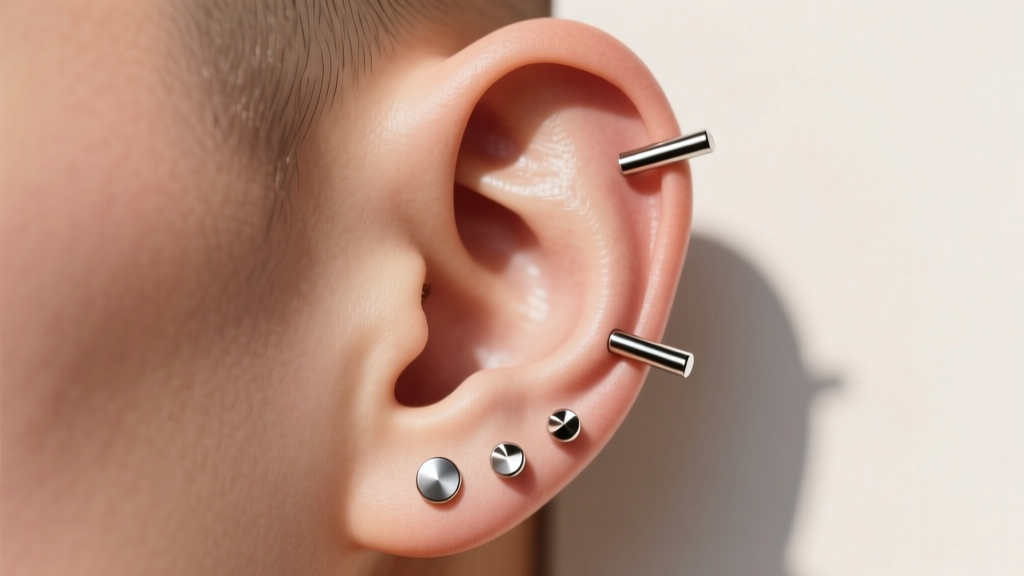 Side profile of an ear showing three cartilage piercings with flat-back titanium labrets, lit by soft, natural window light.