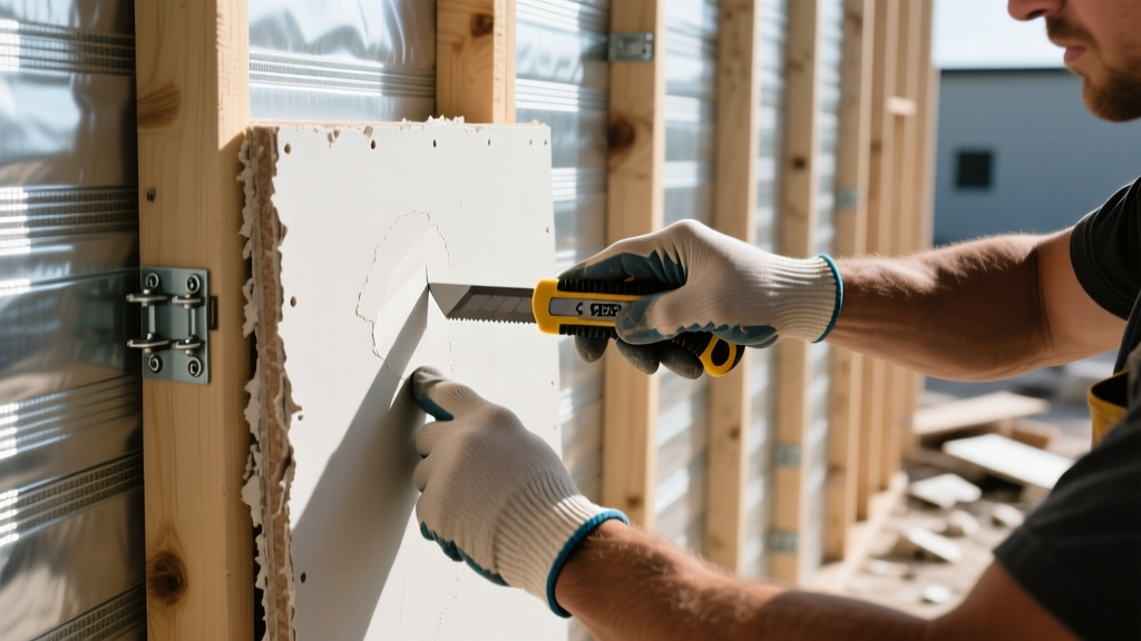 Contractor scoring a dense GP gypsum board panel with a utility knife next to stacked fiberglass-faced drywall on a commercial framing site