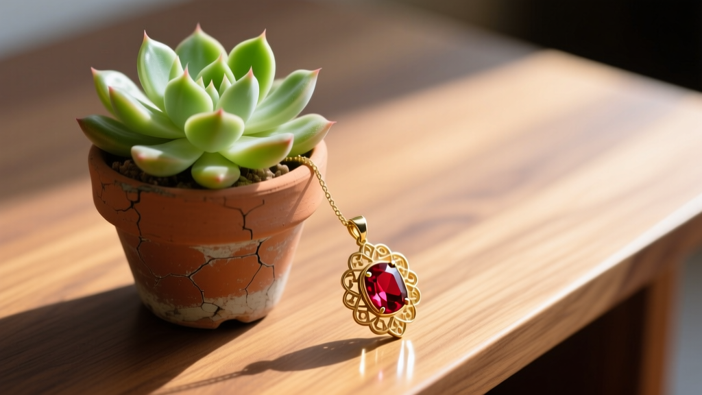 Vibrant Othonna capensis succulent in a terracotta pot resting beside a delicate gold botanical ruby pendant on a sunlit wooden desk.