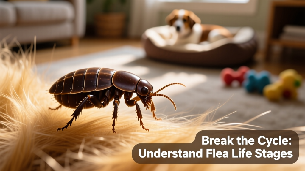 Close-up macro photo of a flea on a pet's fur, showing its flattened body and strong hind legs adapted for jumping
