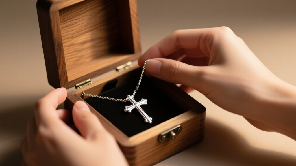 Hands unboxing a sterling silver cross necklace from a wooden box, warm ambient light capturing a personal gifting moment