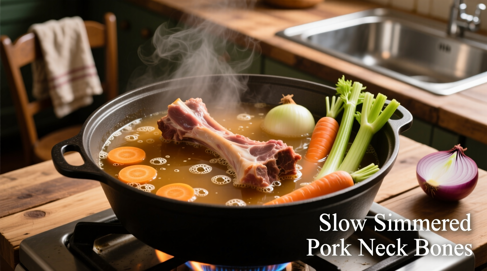 Pork neck bones simmering in a pot with vegetables