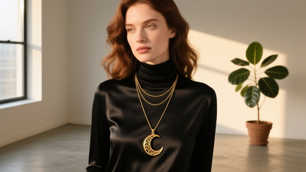 A woman wearing a layered vintage gold moon pendant necklace over a black silk turtleneck sweater in warm natural sunlight.