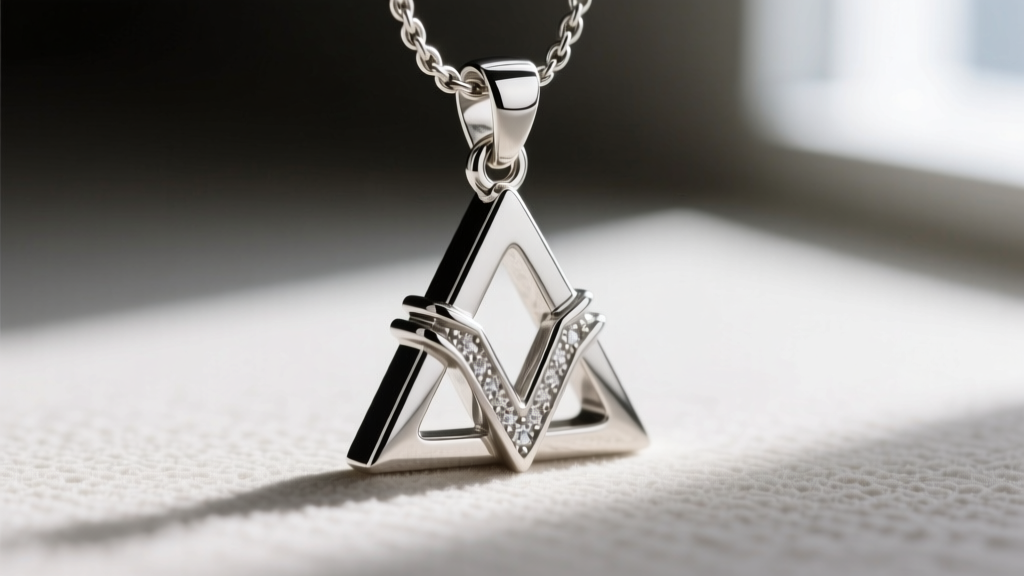 Macro shot of a custom soldered V-bail on a sterling silver triangle pendant, highlighting the reinforced jump ring connection.