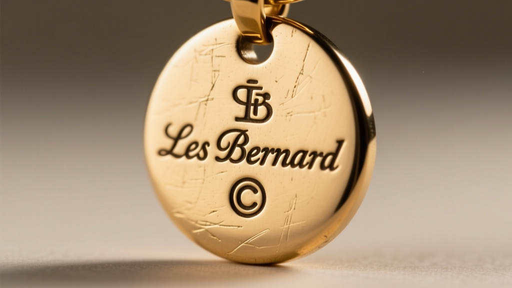Extreme macro close-up of the back of a Les Bernard pendant showing the stamped script logo and copyright symbol on raw brass.
