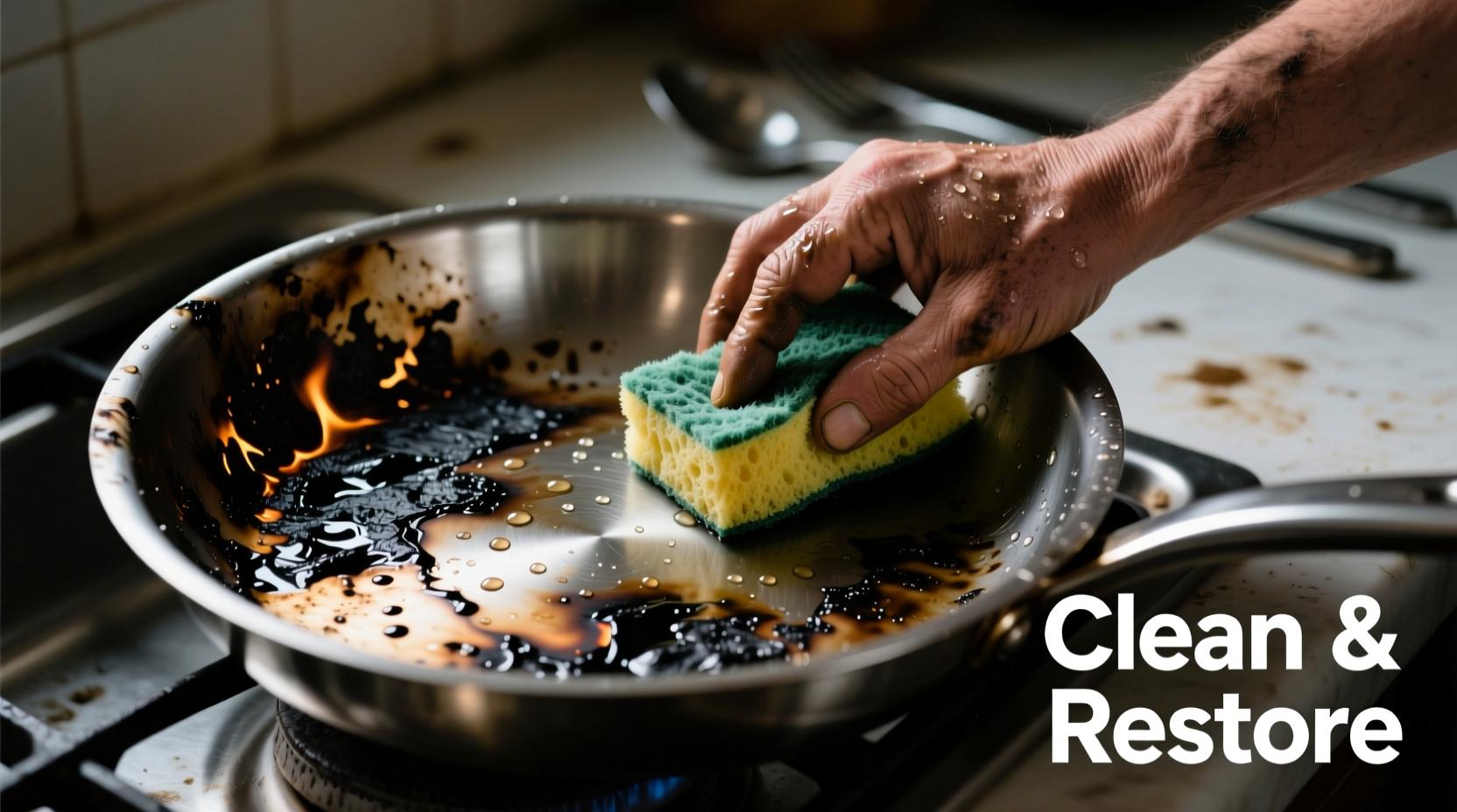 Hand holding sponge cleaning burnt stainless steel pan