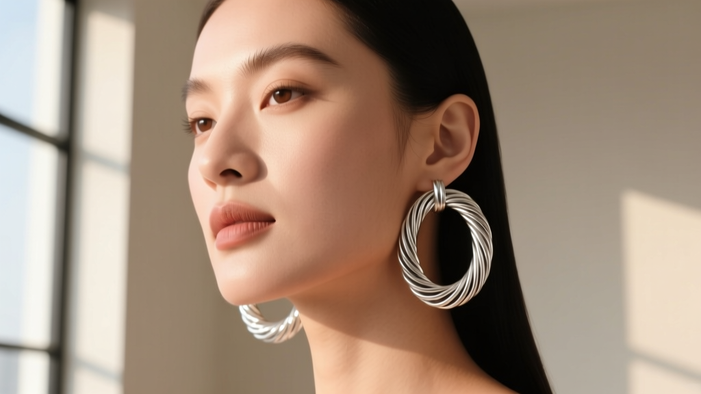 Woman wearing large textured sterling silver hoop earrings, showing the thick wire against her jawline in soft natural lighting.