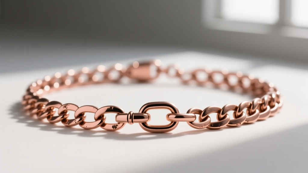 Extreme close-up of a 1940s rose gold curb chain necklace showing hand-soldered jump rings and a classic push-in barrel clasp.