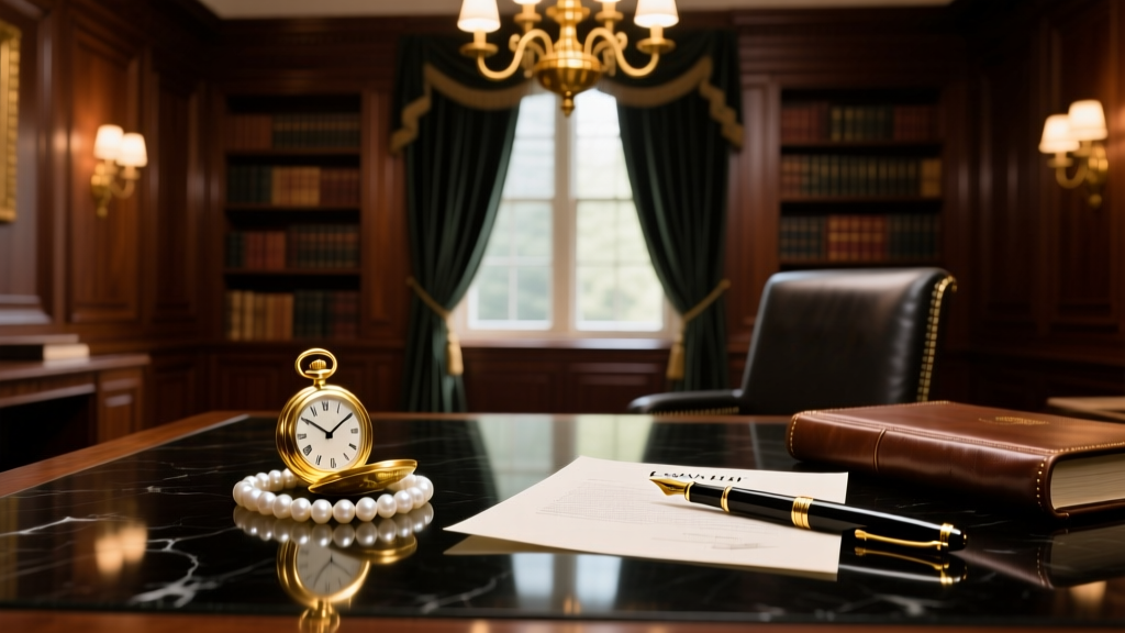 Gold pocket watches and pearls beside a loan agreement and a fountain pen in a dimly lit, luxurious private lending office