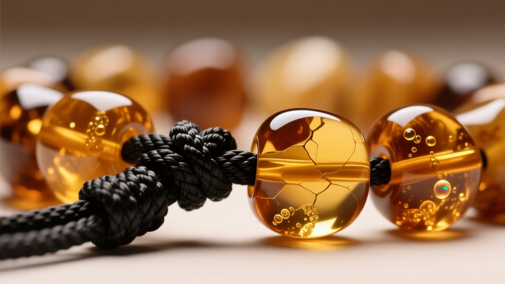 Macro photography of thick, knotted black nylon cord threading through large, irregularly shaped butterscotch amber trade beads.